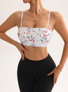 SHEIN Sport Studio Sujetador deportivo cómodo con estampado floral diminuto y tirantes desmontables