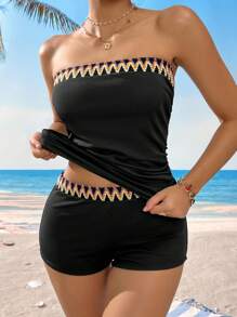 Swim Basics Women Summer Beach Wave Stripe Bandeau Tankini Swimsuit Set