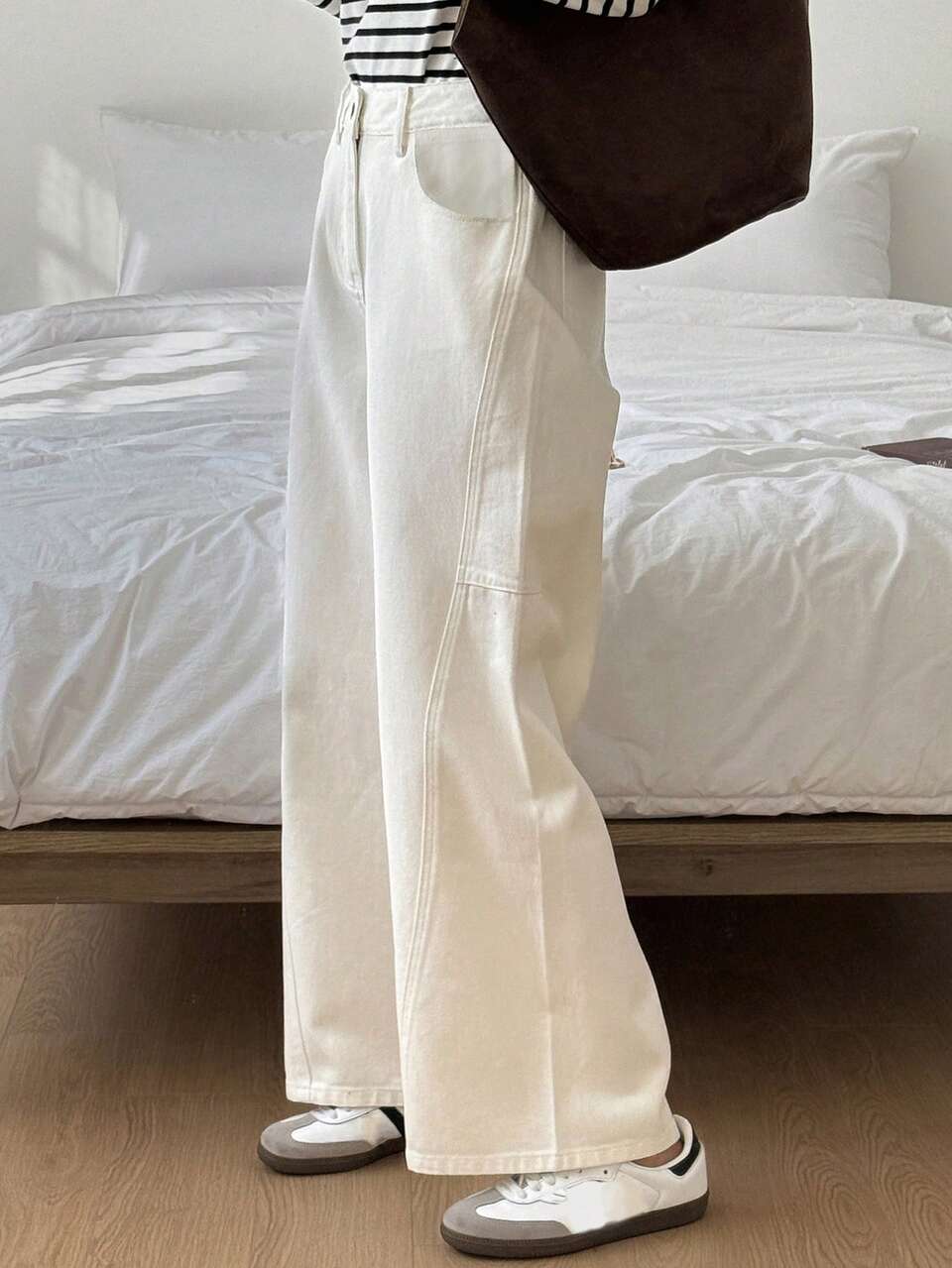 White Versatile Wide Leg Jeans, Casual Pants For Women