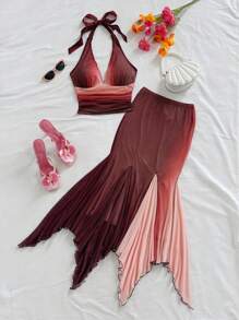 Soleia Women Two Pieces Outfits For Daily Wear Sunset Colors Outfit Pleated Skirt Set Mermaid Outfit Women Beach Dinner Outfit Dress Beach - Multicolor - View 3