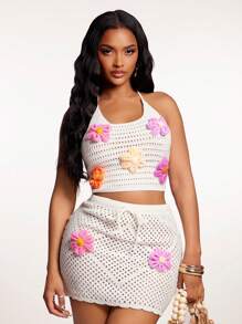 SHEIN SXY 2 piezas Conjunto de top halter de malla hueca con decoración floral 3D colorida y falda lápiz de punto para mujer en otoño/invierno - Multicolor - Ver 6