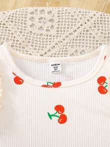 2pcs/Set Girls Fashionable Cherry Print Flounce Sleeve Top & Elastic Waist Embroidered Denim Shorts Set, Spring/Summer - Multicolor - View 3