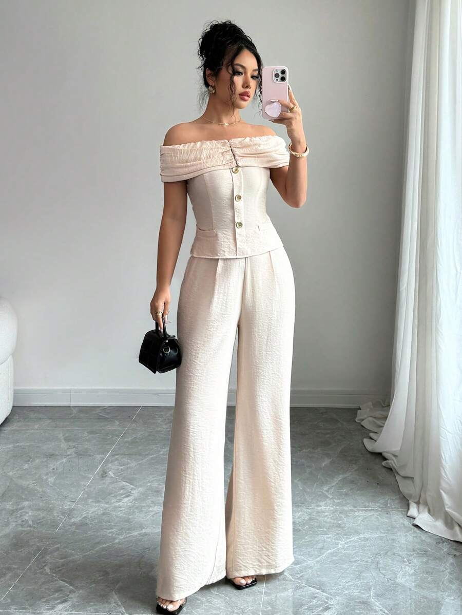 Chiquease Bộ 2 áo len cardigan hở vai màu mơ cho nữ, mùa xuân/hè - Màu be - Xem 1
