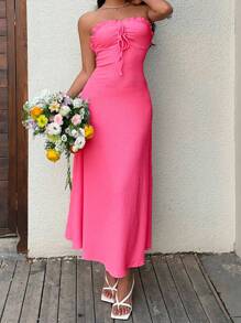 SHEIN SunnyBelle Đầm dài không dây màu trơn cho nữ, thời trang phù hợp cho mùa hè - Màu Hồng Tươi - Xem 5