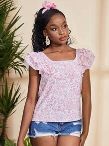 SHEIN Teen Girl Casual Ditsy Floral Bow Back Ruffled Short Cap Sleeve Blouse, Spring/Summer Daily & Holiday, Beach Vacation