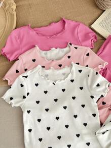 SHEIN LMoss Kids 6件套女婴舒适亲肤心形图案荷叶边圆领短袖睡衣套装（含裤子）