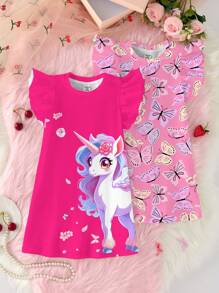 Baby Girls Pink Unicorn & Butterfly Cartoon Print Dress Home Clothes With Flutter Sleeves, Multi-Piece Set, Summer - Multicolor - View 1