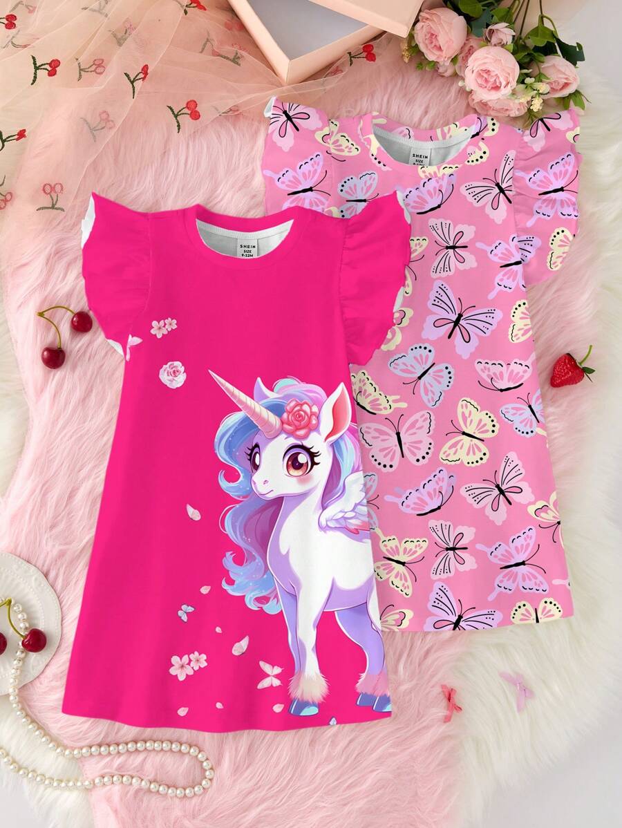 Baby Girls Pink Unicorn & Butterfly Cartoon Print Dress Home Clothes With Flutter Sleeves, Multi-Piece Set, Summer - Multicolor - View 1