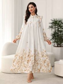 Al Najma Đầm Maxi Đi Nghỉ In Hoa Tay Dài Thiết Kế Nút Cho Nữ - Màu vàng - Xem 4