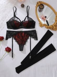 花卉蕾絲鋼圈吊帶襪內衣套裝帶1雙長襪