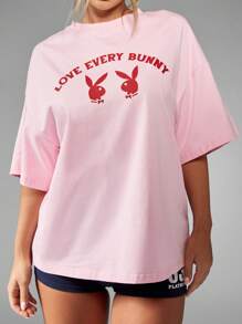 Missguided x Playboy Love Every Bunny überschnittenes Baumwoll-T-Shirt, Oster-Wochenend-Urlaubs-Grafik-Muster, rosa Lässig-Straßen-Stil Lounge Geschenk T-Shirt - Babypink - Übersicht 4