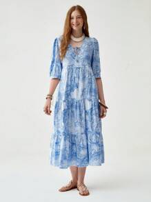 Florisole Damen Boho V-Ausschnitt Puffärmel Bindetaille locker sitzend blaues Muster Maxikleid, Frühling/Sommer - Blau - Übersicht 3