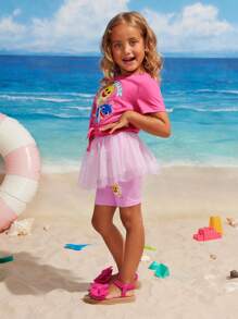 BABY SHARK X SHEIN Leggings de malha contrastantes com estampa de tubarão fofa para meninas - Rosa - Ver 5