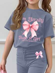 SHEIN Set de 2 piezas compuesto por una parte superior de manga corta de cuello redondo y pantalones largos de diseño sencillo y casual, adecuado para el verano, para niña joven - Gris Claro - Ver 3