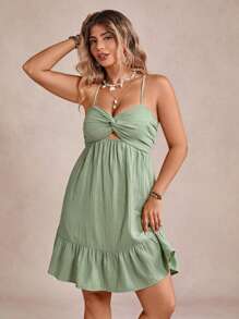 SHEIN VCAY Vestido de tirantes finos con retorcido de unicolor para mujer de talla grande para vacaciones - Verde - Ver 6