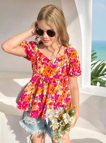 SHEIN 女童休闲花卉印花荷叶边斜领泡泡袖衬衫 - 玫紅色 - 查看 4