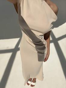 Aloruh Minimalist Commuting Office Outfit Apricot Midi Dress With Shoulder Pleating, Spring/Summer - Apricot - View 7