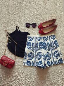 SHEIN Essnce 2025 Summer Women Stylish Two Pieces Set With Spaghetti Strap Tank Top, Blue Porcelain Print Shorts | Beach Vacation Outfits, Elegant Casual Summer Outfits - Multicolor - View 4