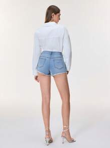 SHEIN Frenchy Women's Light Blue Colored Rhinestone Decorated Denim Shorts May Birthstone Emerald Craftsmanship Collection,Summer,Alien,Club Night,Rave - Light Wash - View 3