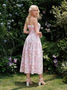 SHEIN MOD 花卉印花褶饰紧身胸衣优雅夏季度假茶会连衣裙 - 彩色 - 查看 2