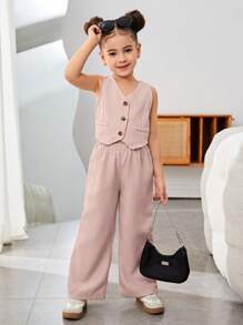 SHEIN Nova Glow 女童休闲春夏纯色无袖上衣和裤子套装 - 藕粉色 - 查看 5