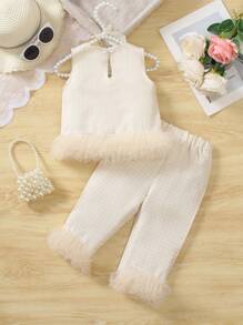 2pcs/Set Baby GirlFashion Camisole And Straight Leg Pants Outfit - Apricot - View 2