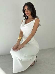 Firerie 女士白色不对称领口褶皱腰中长连衣裙，性感优雅通勤连衣裙，节日连衣裙，时尚别致，春夏装，通勤，优雅，性感，度假，海滩，夏威夷，婚礼季，毕业礼服，舞会 - 白色 - 查看 6