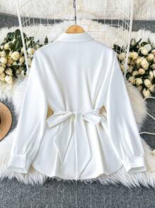 SHEIN Tall 女士纯色长袖单排扣优雅办公室衬衫