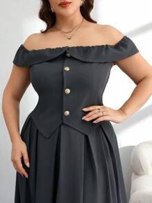 Modelyn Conjunto de 2 piezas de talla grande con hombros descubiertos, estilo romántico para primavera/verano - Gris Oscuro - Ver 7