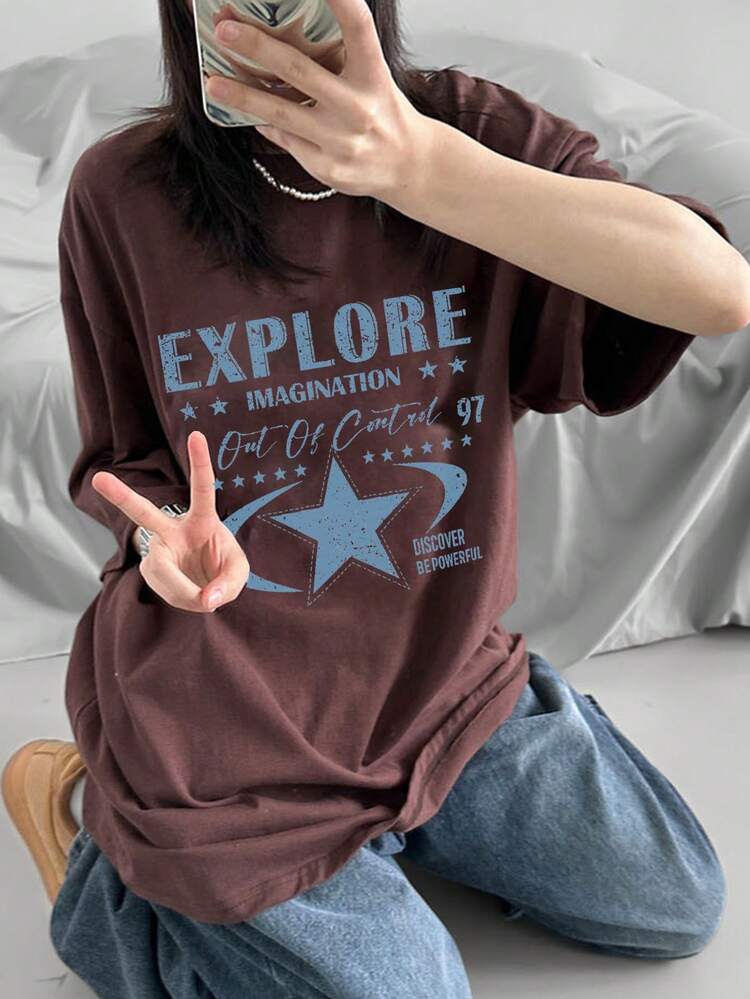 Women's Letter Print Contrast Color Loose Round Neck Short Sleeve T-Shirt, Spring, Summer Graphic Tee Oversized T-Shirt, Teacher