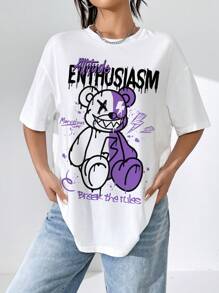 SHEIN EZwear 休闲街头图案字母和卡通熊印花宽松落肩短袖T恤女款，适合夏季 - 白色 - 查看 5