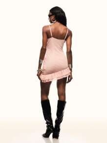 TypaGal Deep V Criss-Cross Pleated Loose Comfortable Drape Ultra-Mini Dress - Pink - View 2