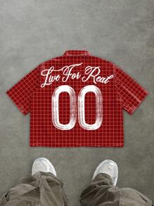 Manfinity Roghcode Áo sơ mi cài nút cổ bẻ họa tiết ô vuông Graffiti vẽ tay theo phong cách Gothic giản dị - Đỏ - Xem 5