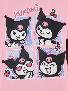 HELLO KITTY AND FRIENDS | SHEIN 年轻女孩黑色卡通印花休闲百搭针织短袖T恤 - 粉色 - 查看 2