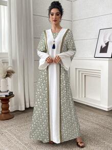 Yasmyna Women's Colorblock Allover Print Elegant Long Sleeve Turkish & Arabic Traditional Long Robe, Modest Kaftan - Green - View 3