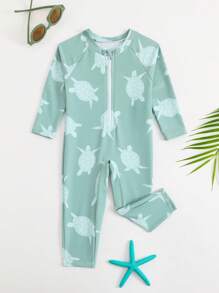 SHEIN 男婴泳衣，连体泳衣，长袖长裤，拉链方便穿脱，针织面料，可爱海龟数码印花海边泳衣，男婴海边泳衣 - 綠色 - 查看 3