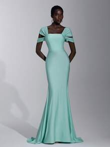 Elitara Elegant, Romantic, Luxurious, Dignified, Knitted Elastic Fabric, Strapless, Waisted, Hollow-Out, Pleated, Metal Chain, Trailing, Fish Tail Hem, Adjustable Back Strap, Suitable For Birthday Party, Date, Wedding, Formal Gala, Formal Evening Dress, Gown, For Wedding Guest