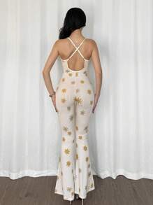 Women's Allover Printed Sexy Elastic Tight Unitard Jumpsuit Vacation, One-Piece Outfit - Beige - View 2