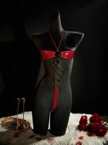 SpicyHot Y2K 风格 PU 拼接金属链条装饰亮片性感女式连体裤 - 紅色 - 查看 3