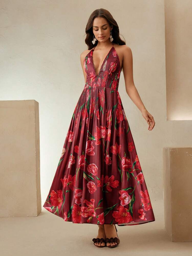 Robe d'été à col v profond avec imprimé floral pour fête sur la plage, robe de soleil décontractée