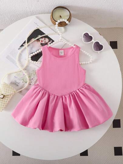 SHEIN Bebek Kız Sevimli Pembe Örgü Kolsuz Tulum, Yaz