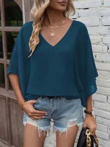 Blusa de manga corta con cuello en V y unicolor, de moda para el verano - Agua verde azul - Ver 3