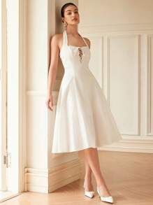 Aveloria Rosie Nuovo abito elegante da donna in stile francese, da vacanza, ampio, tinta unita, scollo quadrato, con inserti in pizzo, fiocco in vita, aderente