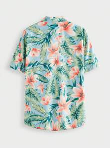 EASEVO 大码花卉印花休闲短袖梭织衬衫 - 淺藍色 - 查看 2