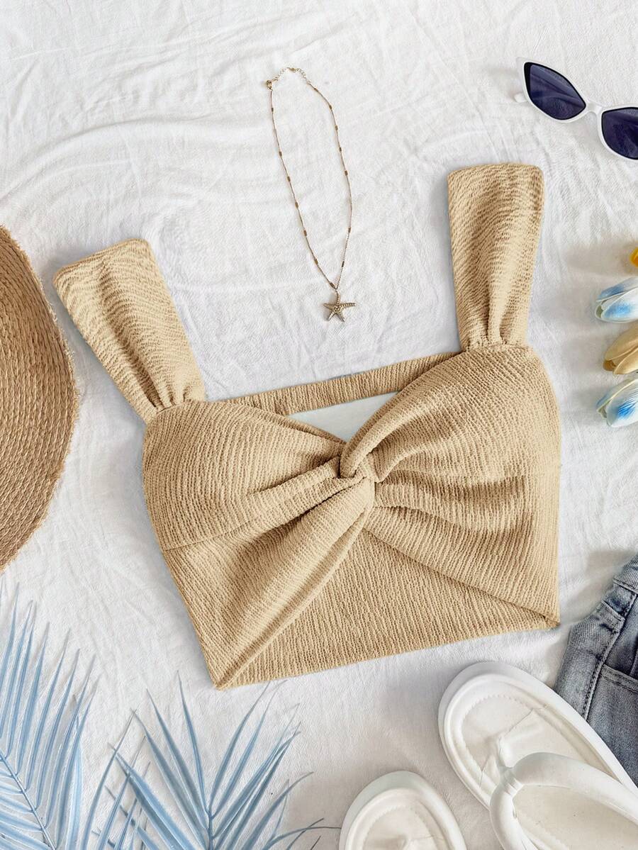 Soleia 1 Áo croptop đan xoắn cho nữ đi nghỉ mát kín đáo - Rượu sâm banh - Xem 1