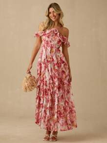 Enchnt Spring/Summer Romantic Women's  Vacation Style Allover Print Embellished Halter Ruffle Hem One Shoulder Maxi Dress,Sweet&Elegant&Sexy, For Holiday Dress&Vacation Dress&Sweet Date&Graduation Season Dress&Afternoon Tea&Garden Parties,Summer Outfits For Women,Elegant Dresses For Women,Bohemian Clothes