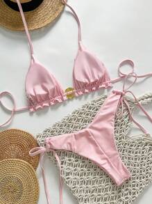 Swim Mod Bộ bikini màu hồng đơn giản dây mảnh họa tiết vỏ sò kim loại trang trí mùa xuân cho nữ, mùa hè - Hồng - Xem 2