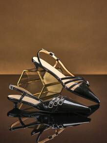 SHUZIA 女士优雅仿皮时尚尖头后绑带低跟浅口鞋 - 黑色 - 查看 4