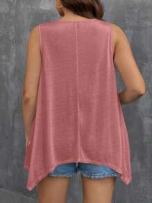 SHEIN LUNE Atasan Tanpa Lengan Kasual Wanita Ukuran Besar dengan Hem Berumbai Asimetris dan Leher Bulat - Dusty Pink - View 2