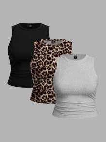 SHEIN EZwear 3pcs Set Women Casual Solid Black And Leopard Print Top Tank Tops, Suitable For Summer Back To School - Multicolor - View 1